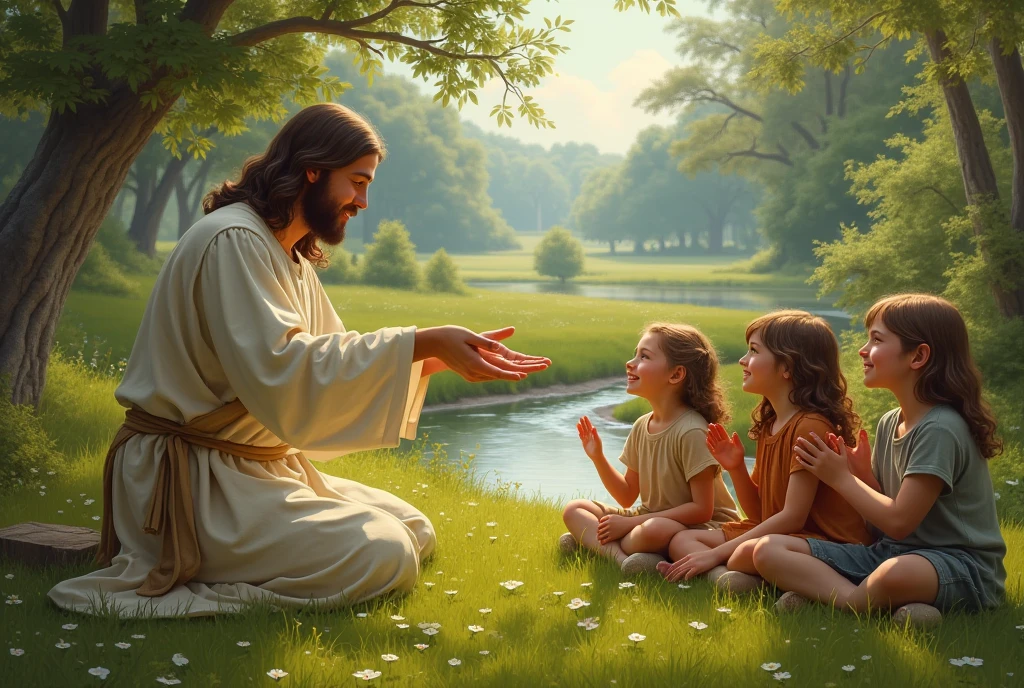 Jesus blesses the children on the grass, the children are sitting and oh, there is a small river