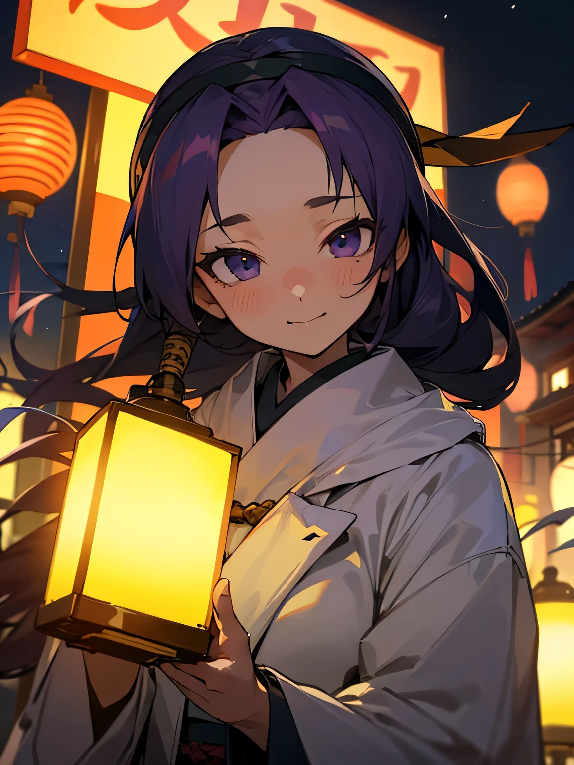 solo, upperbody,close up face,deep violet hair, horizontal French twist hair,big forehead, happi coat, headband, (man), 恨むような細いtsurime,鋭い目つきでこちらを見ている、何か言いたい、, night festival, Japanese festival, lanterns, night shop street,