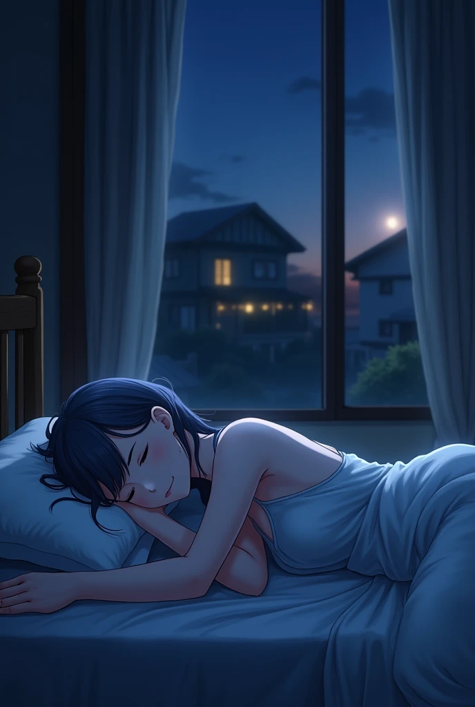 scene view,sky,anime style,on bed, house light ,night,, head rest, intense angle, curtsey, Highest quality, figure, Super detailed, In detail, High resolution, 8k wallpaper, Perfect dynamic composition, Beautiful attention to detail