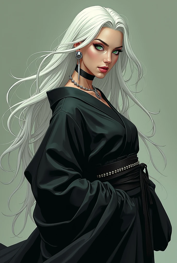 Adult manga woman long white hair with a long bell earring, green eyes dressed in black kimono badass. No hair on the forehead