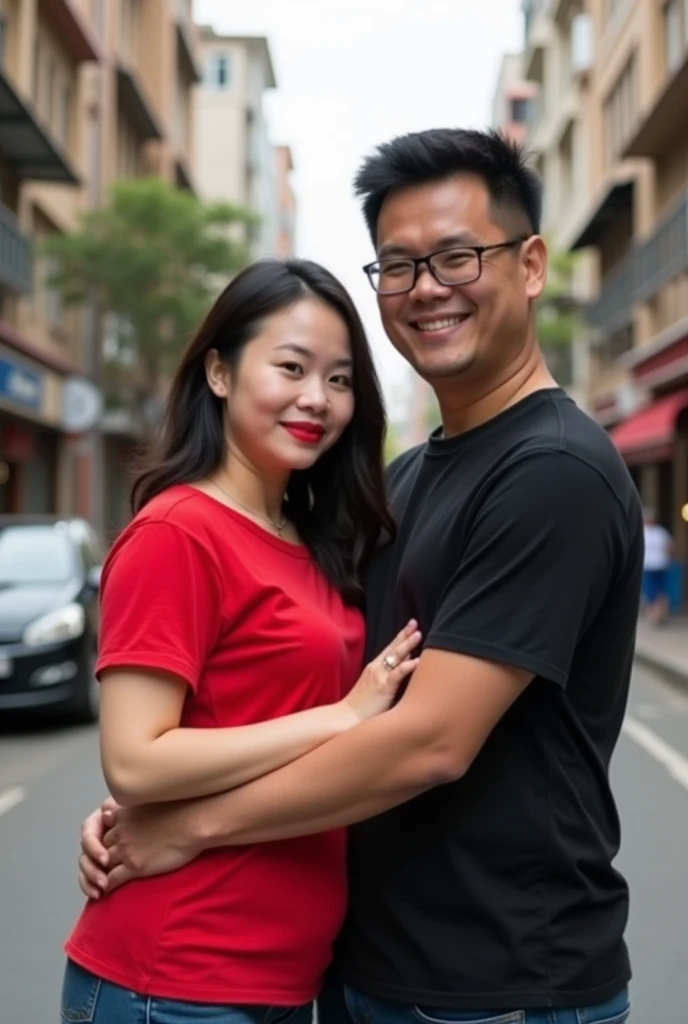 Chinese beautiful girl 23 years-old couple with an Indonesian man 40 years-old, 23 years-old girl as wife, 40 years-old man as her husband, the girl hug the man, the girl wearing red T-shirt, the girl red lips, the man wearing black T-shirt, the man wearing glasses, the girl with the man stands in street city building, curvy body, thick body, little bit fat.