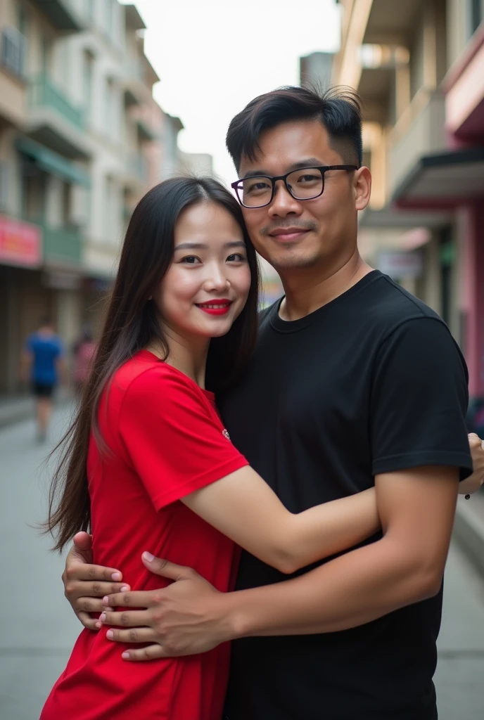 Chinese beautiful girl 23 years-old couple with an Indonesian man 40 years-old, 23 years-old girl as wife, 40 years-old man as her husband, the girl hug the man, the girl wearing red T-shirt, the girl red lips, the man wearing black T-shirt, the man wearing glasses, the girl with the man stands in street city building, curvy body, thick body, little bit fat.