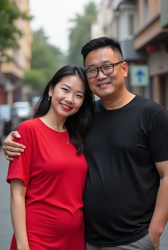 Chinese beautiful girl 23 years-old couple with an Indonesian man 40 years-old, 23 years-old girl as wife, 40 years-old man as her husband, the girl hug the man, the girl wearing red T-shirt, the girl red lips, the man wearing black T-shirt, the man wearing glasses, the girl with the man stands in street city building, curvy body, thick body, little bit fat.