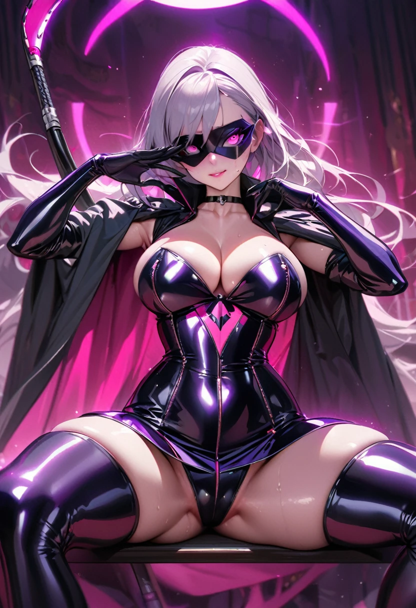 Young and beautiful woman,(Highest quality,Extremely detailed depiction,Incredible high resolution,Anatomically accurate depiction,Two beautiful hands, Five perfect fingers,Curvy Legs),(Glowing Skin,Glowing Skin,Oilskin),(((Female leader of an evil organization))),(Latex Military Costume,An exquisitely crafted shiny purple bondage dress,military hat,military cloak,Villain mask covering the eyes,Thigh-high boots,Long gloves,Leather Choker,pantyhose),eyelash,eye shadow,(Glowing pink eyes,There is cleavage in the chest,Captivating smile,Glossy Lips,Shadowed face,Sit with your legs apart,Equipped with a whip),Sweat,whole body,blush,background:Secret base of the future,Pink light,(Poses that accentuate the buttocks:1.1)