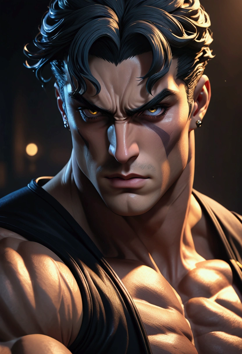a muscular man,jojo's bizarre adventure,highly detailed face, intense glare, piercing eyes, sharply defined jawline, veiny muscular arms, menacing expression, dark outfit,dramatic lighting, cinematic composition, photorealistic, 8k, best quality, masterpiece