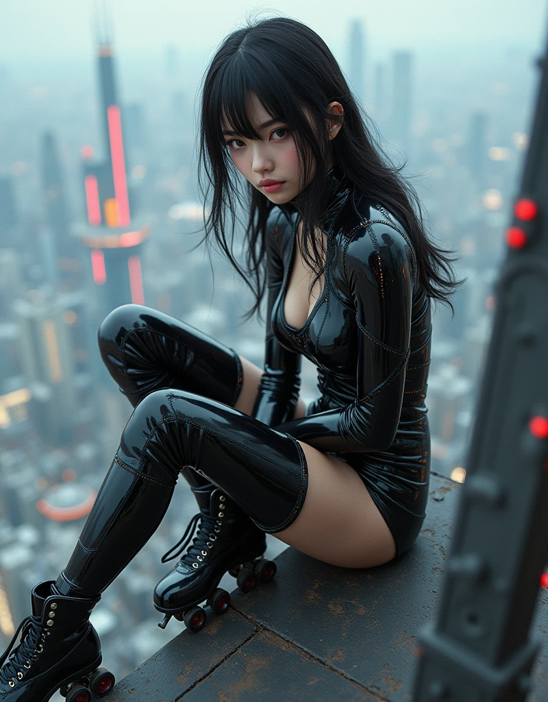 photo-realistic, ultra-realistic, very beautiful Japanese futuristic soldier, famous Japanese idol, dramatic scene, masterpiece, beautiful eyes, wearing a roller skate shoes, sitting on the dangerous edge of the top of the tallest tower, (cyber punk glossy intricated mecha armor suits with brilliant LED markers), acrobatic pose, dynamic angle, (face focus),