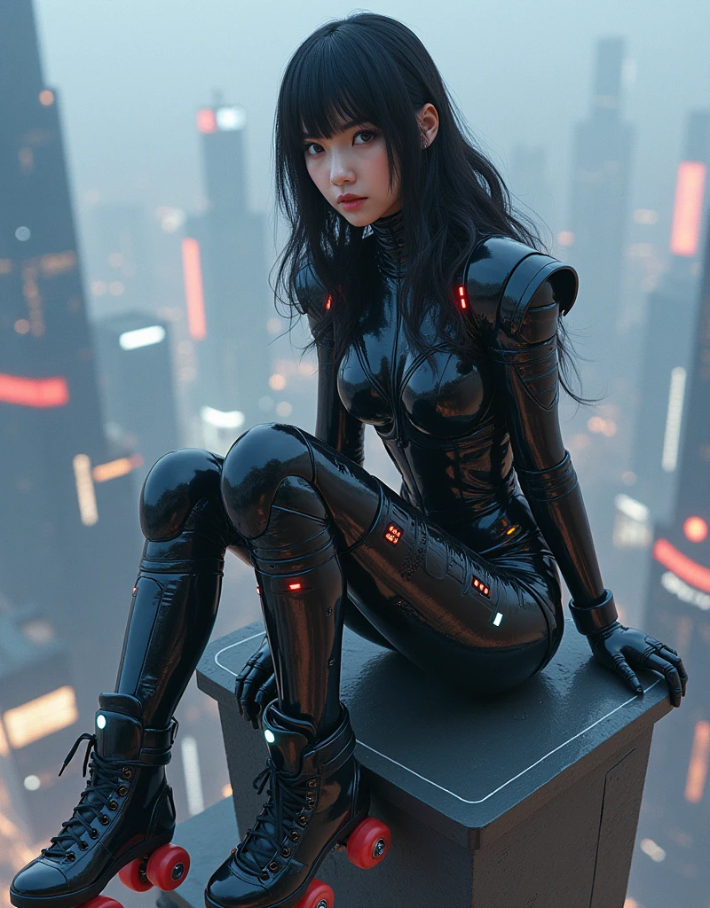 photo-realistic, ultra-realistic, very beautiful Japanese futuristic soldier, famous Japanese idol, dramatic scene, masterpiece, beautiful eyes, wearing a roller skate shoes, sitting on the dangerous edge of the top of the tallest tower, (cyber punk glossy intricated mecha armor suits with brilliant LED markers), acrobatic pose, dynamic angle, (face focus),