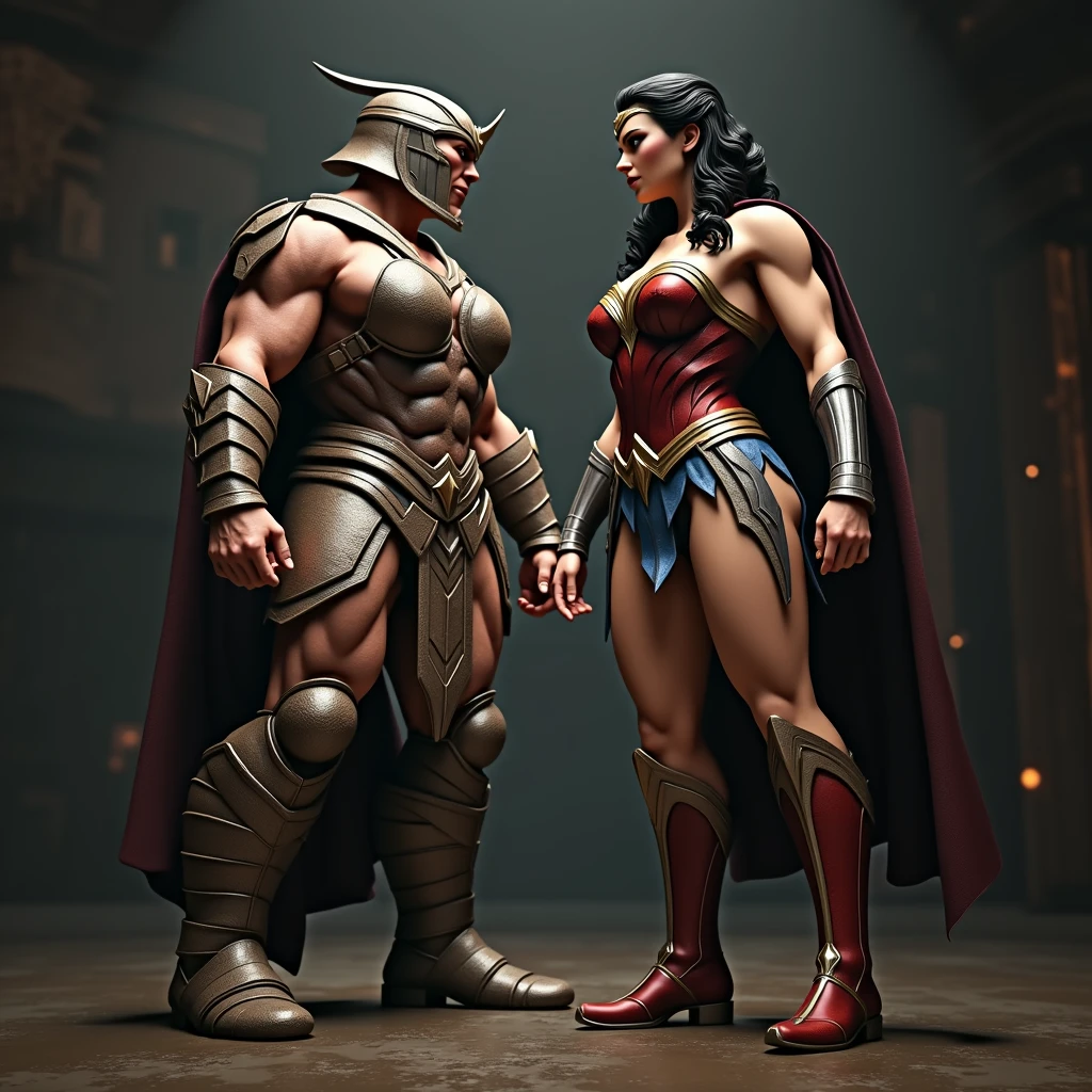 3D art Wonder Woman with large breasts and muscular body face off with a female enemy wearing helmet and armor