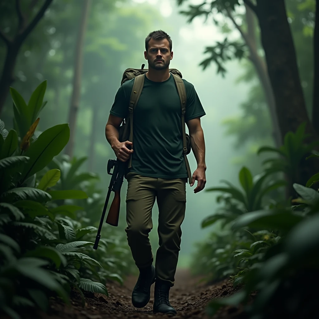 A full body, cinematic portrait of a Aerican-looking man with short hair wearing boots. He is 170 cm tall and weighs 70 kg. He is wearing a dark green tshirt and a North Face backpack, standing in a rainforest with a rifle. He is an hunter. The background has subtle light, creating a magical rainforest scene. The man is walking in the rainforest, creating a mystical rainforest atmosphere. He is a professional hunter. His face is looking at the camera, and the portrait is taken from the side. The image should be realistic.