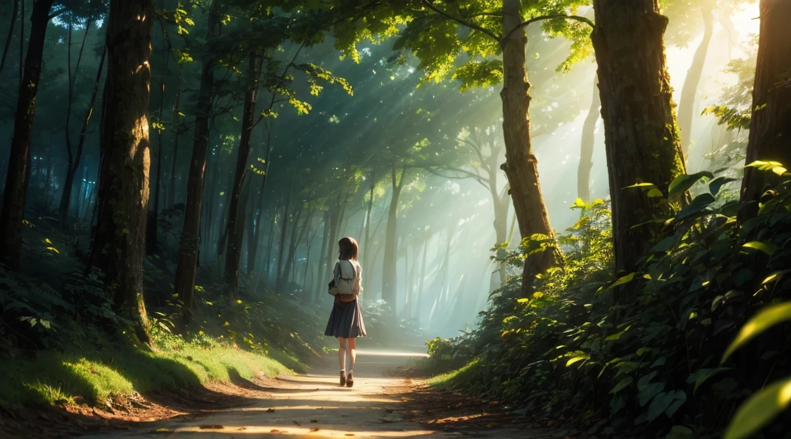 A girl walking deep into the forest、wood々The light filtering through the leaves and the swaying leaves create an impressive scene.。She looks around curiously。Makoto Shinkai style