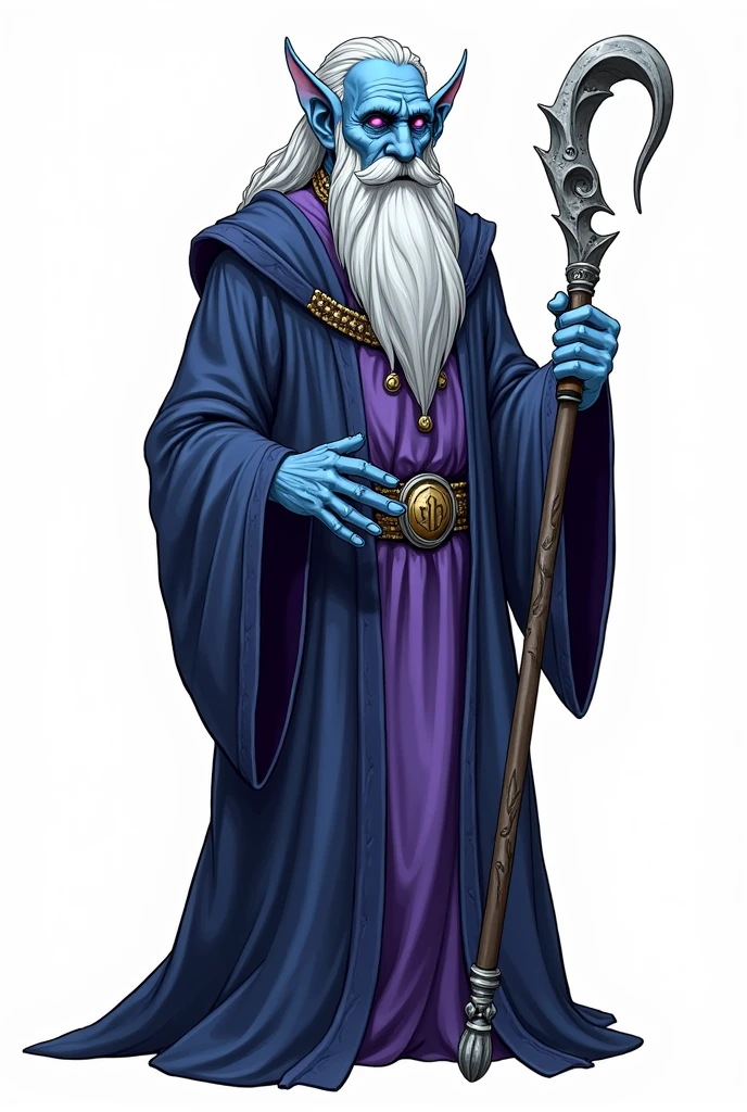 Old vise night elf male with blue skin, slim wrinkly body and wrinkly face, white hairs and beard with a few small braids and purple eyelids. He wear long wizzard robe in dark blue, white and few purple colors with silvers accesories, black pants and shoes. He's holding a fancy silver magic staff. His face is wise and kind. Full character view. White background. Comics style.