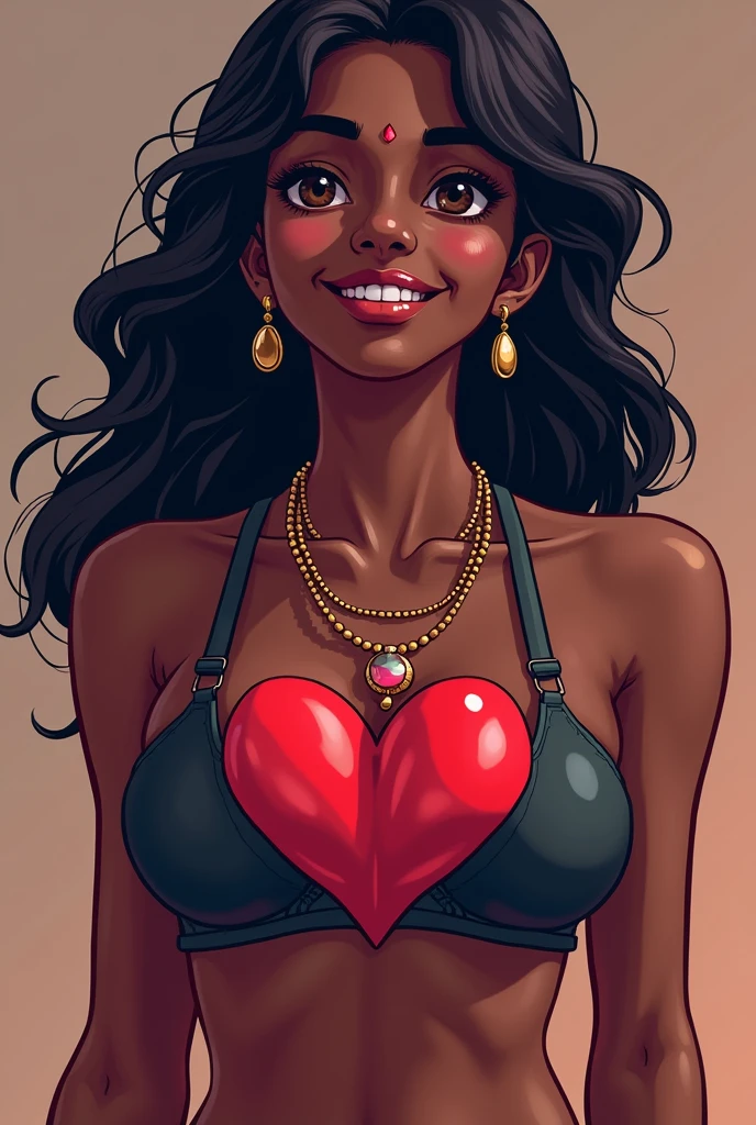there is a woman with a heart on her chest, pixel art by Daryush Shokof, featured on reddit, pixel art, provocative indian, indian girl with brown skin, topless, small breasts, wearing bra, indian, beads cross onbare chest, sexy girl with dark complexion, heart emblem on chest, sie boob, she is smiling and excited اجعلها واقعية وحقيقة