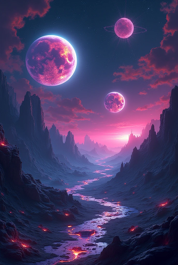 OUTER SPACE WITH PLANETS NEVER SEEN BEFORE AND THEY ALL SHINE WITH NEON LIGHT