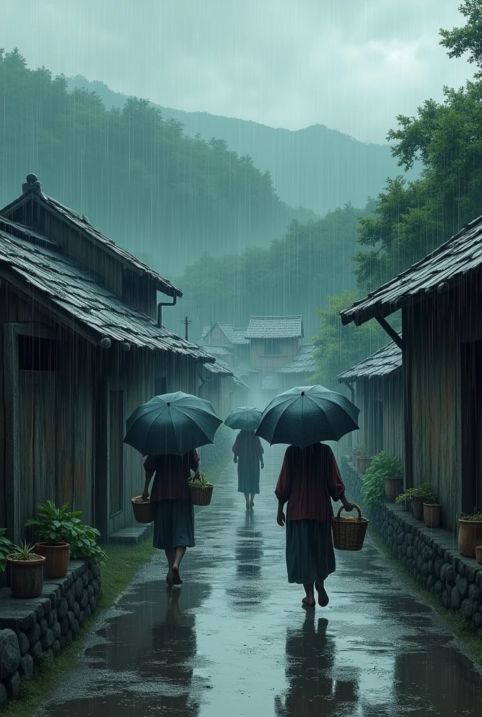 Heavy rain the village