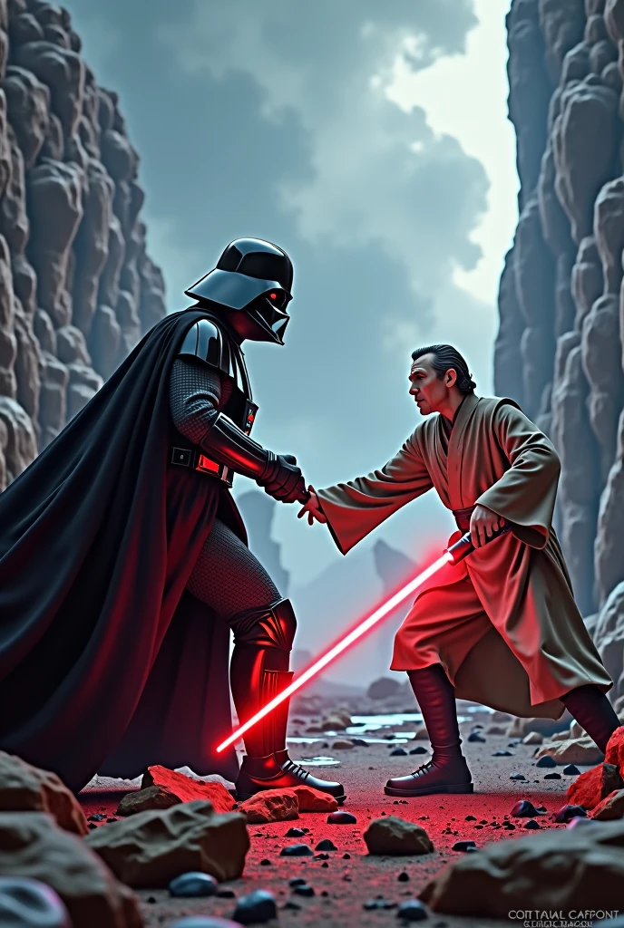 "A Star Wars picture where Darth Vader is fighting Obi-Wan, but instead of lightsabers, they are using joints in different colors."