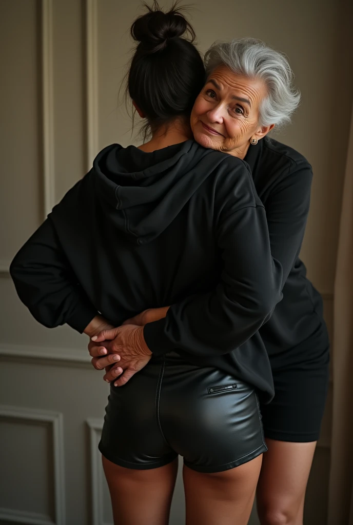 black woman hair in a bun black hoodie black leather short shorts being fucked in the ass by a old grandma in a dress
