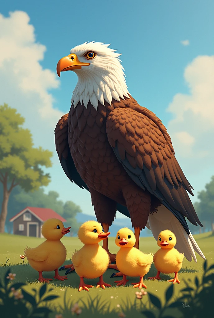Eagle Living with Duck family like duck in a farm cage & they look a Flying eagle in the sky