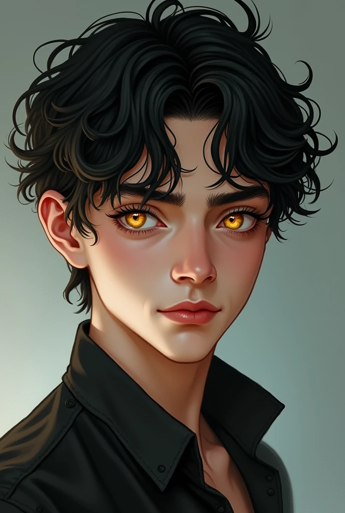Young man with short curly dark hair and golden eyes