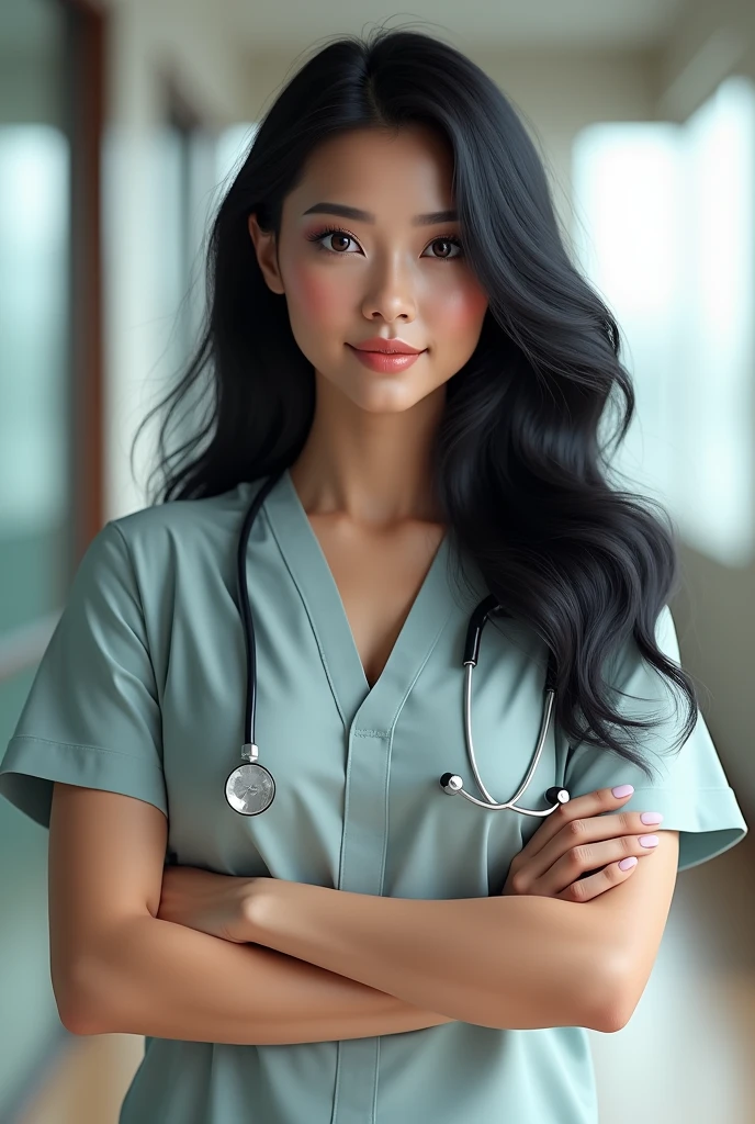 A nutritionist in uniform ,long black hair ,3d character , 30 years old and brown eyes