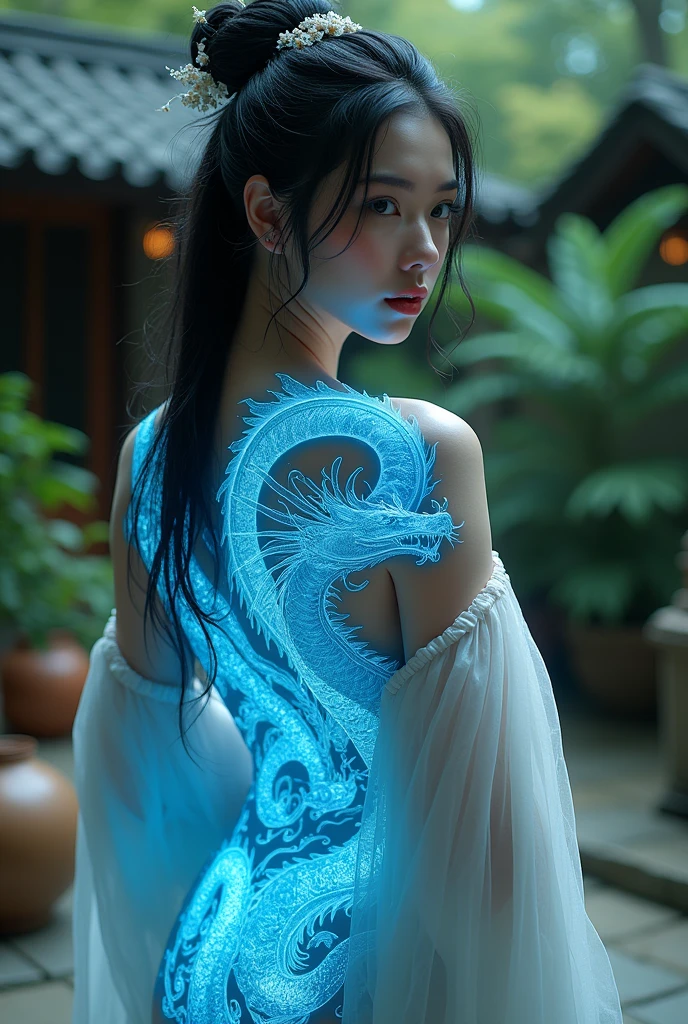 An image of a Japanese lady, tattoo of a  blue dragon in blue glowing ink on her body, at the courtyard, creative angle moving dynamic view,