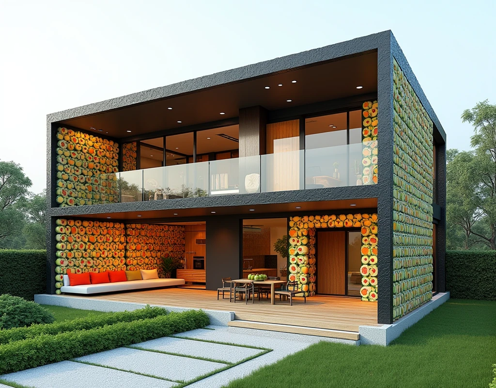 "Envision a sleek, modern house where every architectural element is creatively constructed from sushi. The exterior walls are built from layers of tightly packed sushi rolls, with vibrant fillings of salmon, avocado, and cucumber creating a striking mosaic pattern. The roof is crafted from overlapping sheets of seaweed (nori), forming a sleek, dark canopy that contrasts beautifully with the bright, colorful walls.

The entrance features a grand door made from a single, large piece of tamago (sweet omelette) sushi, with a handle fashioned from a spiral of sushi roll. Windows are framed with transparent rice paper, allowing soft, diffused light to filter into the rooms, creating an inviting and serene atmosphere.

Inside, the floors are made from smooth, polished rice, with pathways delineated by rows of delicate sashimi pieces. The living room features a minimalist design, with sofas and chairs crafted from large, cushioned sushi rolls, their surfaces adorned with intricate patterns made from slices of tuna, eel, and avocado. A low coffee table is built from stacked sushi pieces, topped with a clear slab of rice paper to create a sleek and functional surface.

The kitchen, a centerpiece of the home, continues the sushi theme with countertops made from solid blocks of pressed rice, cabinets constructed from sturdy maki rolls, and appliances designed from sushi-inspired materials. The stove is a creative assembly of charred rice pieces, while the sink is a deep bowl of carved-out nigiri sushi, complete with a faucet made from twisted cucumber slices.

The dining area features a long table made entirely from layers of sushi, with individual plates crafted from flattened sushi rolls. Chopsticks serve as the dining utensils, and seats are made from cushioned sushi rolls, offering both comfort and a continuation of the thematic design.

Upstairs, the bedrooms feature beds made from large futon-style sushi rolls, with blankets and pillows formed from layers of nori and ric