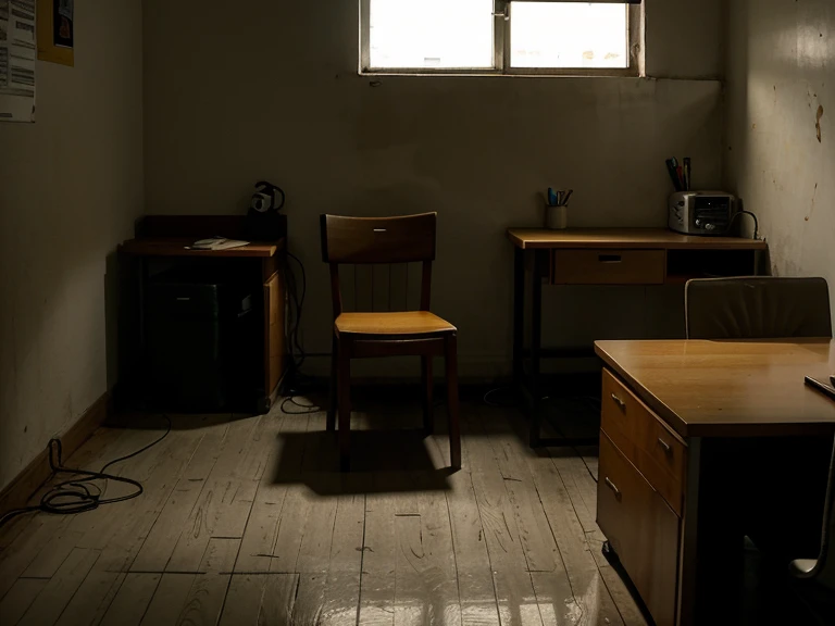 A dimly lit empty room, lone chair and desk, feeling of isolation and pressure, rent and food expenses