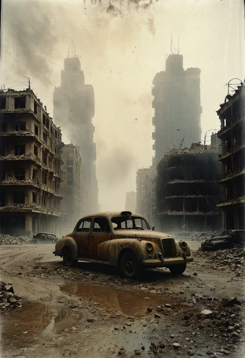 arafed image of a car in a dirty city with buildings, in a ruined cityscape, an abandoned dystopian city, abandoned city, post apocalyptic world, in a post apocalyptic city, city is pure wasteland, post - apocalyptic city streets, post - apocalyptic city, at a deserted city, post - apocalyptic world, post apocalyptic atmosphere, dystopin future, post apocalyptic scene