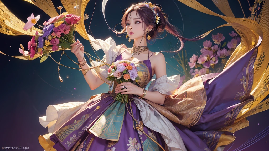 32K, 最高quality, 最高masterpiece, (ultra-Detailed Background, Detailed Background), High resolution, Super detailed, Very detailedな, 1 personの, (bouquet:1.3), (Tangled:1.2), (Geometric:1.2),(colorful),(masterpiece, quality, best quality, Official Art, Beautiful and beautiful:1.2), (1 person:1.3), Very detailed,(colorful:1.1)(Flowers:1.3),Most detailed,(Tangled:1.2), whole body, (Abstract background:1.3), (Skin glows), (Many colors:1.4), ,(Earrings Jewelry:1.5), Purple-red pale background, It's imaginative., Milk tea colored hair,