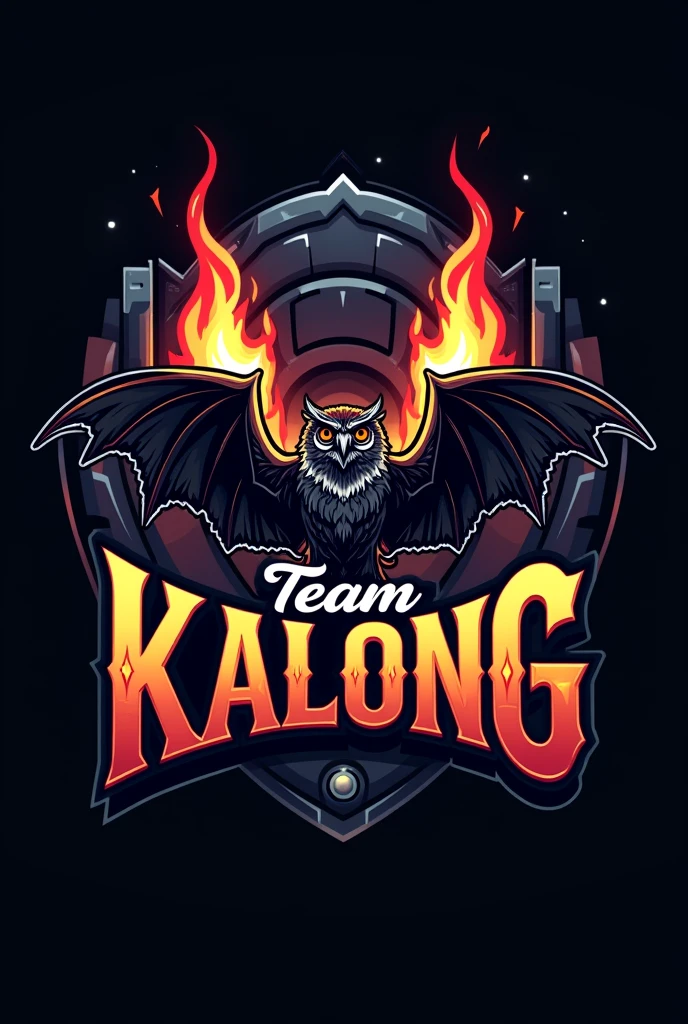 create a script font with writing "TEAM KALONG" spelled perfectly and well, with the background of a big and scary bat facing a big and scary owl, decorated with a large exhaust emitting flames, Futuristic, and aesthetics