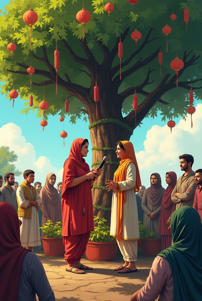 An illustration of A female journalist wearing kurta salwar having microphone in her hand asking for opinions under a tree on a raised platform of the village. There is a big tree on it and it is decorated with frills and lanterns. Few more people are there to listen it. Microphone is towards a person wearing headscarf kurta and pyjama 