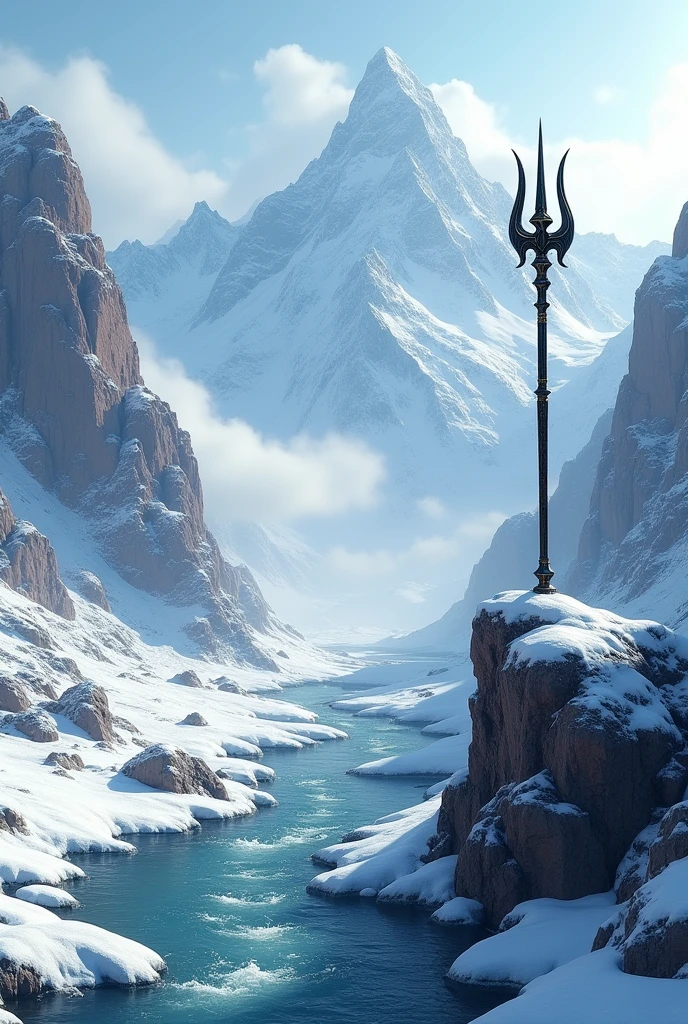 Trishul is placed on the hills of mountain, water river is also flowing on side, weather is snow