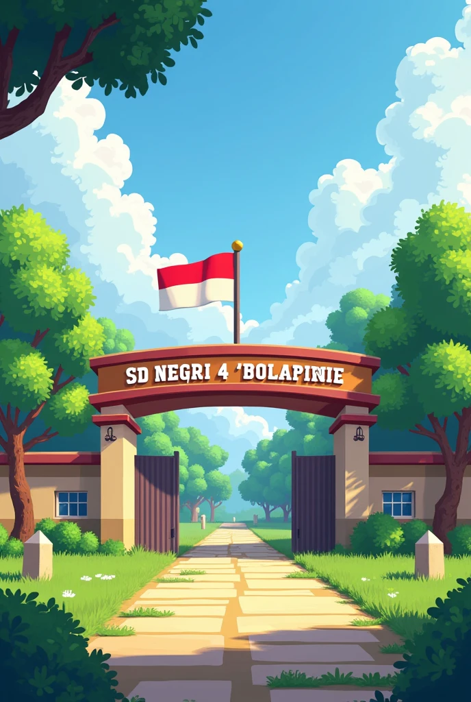 elementary school with green grass with red and white Indonesian flag, entrance board with the words SD Negeri 4 Peukan Pidie, pixel art, pixel art 3d 4k wallpaper, amazingly detailed pixel art, pixel art, detailed unreal machine pixel art