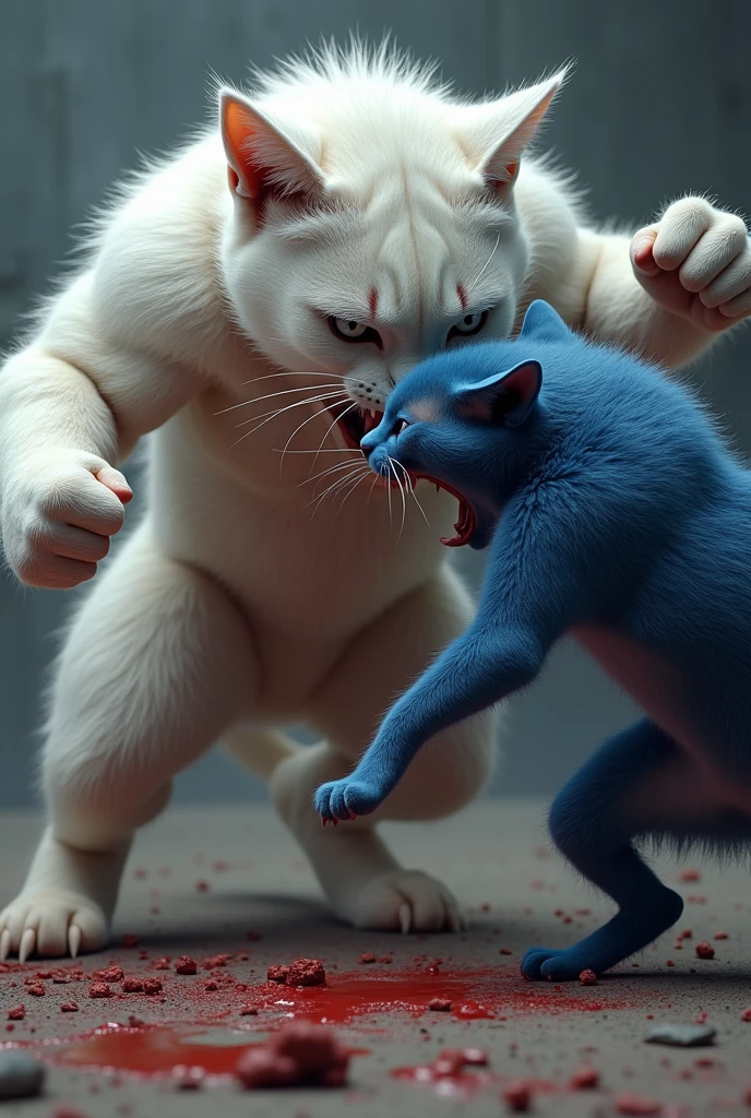 Ringte beyaz kedi mavi kediyi yumruk atsın karnı parçalansın ve kan aksın kediler kaslı olsun ellerinde boks eldiveni olsun kedi biri mavi biri beyaz olsun gerçekçi olsun 8k