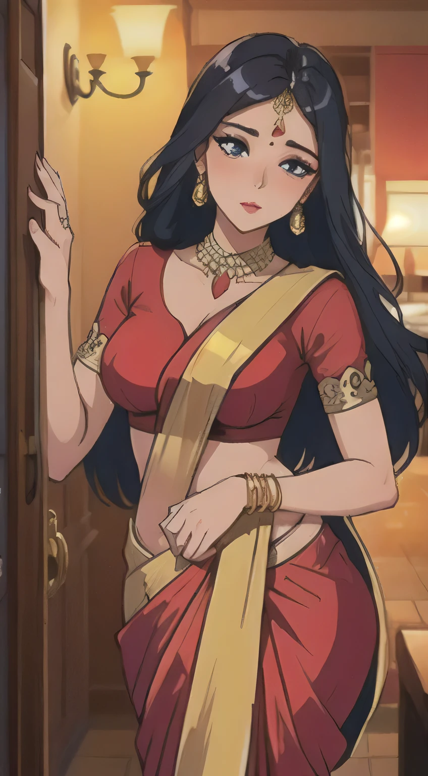A seductive woman captivates in a stunning saree.