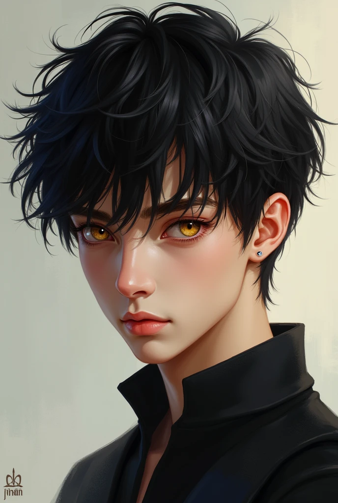 Young man with short curly dark hair and golden eyes