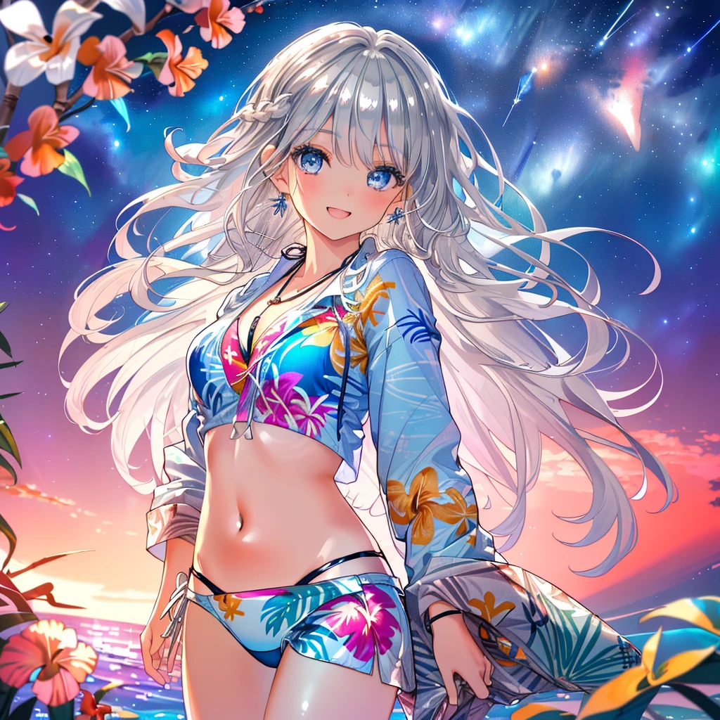 (Best quality,4K,8K,High resolution,Masterpiece:1.2),Super detailed,(Actual, Realistic),highly detailed, top quality, soft skin,Portrait,
break,
((clear blue eyes:1.2)),smiling eyes,beautiful eyelashes,beautiful lower eyelashes,
break,
((Beautiful and shiny silver hair:1.3)),A dazzling smile, a bursting smile, an open mouth laugh,
break,
very happily,
break,
((beautiful aloha shirt:1.3)),((wearing a beautiful bikini inside:1.3)),
break,
((beautiful night sky:1.3))