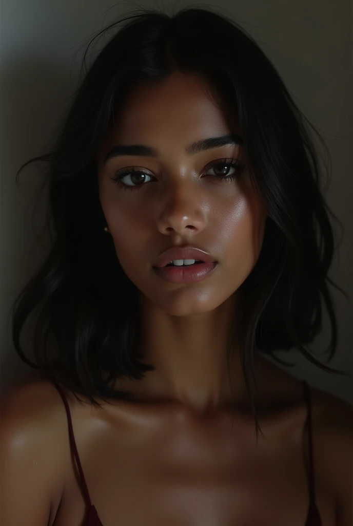 A Brazilian woman in a room, black woman with medium straight hair, thin eyes, slightly crooked negroid nose and fleshy mouth, Diamond shaped face.