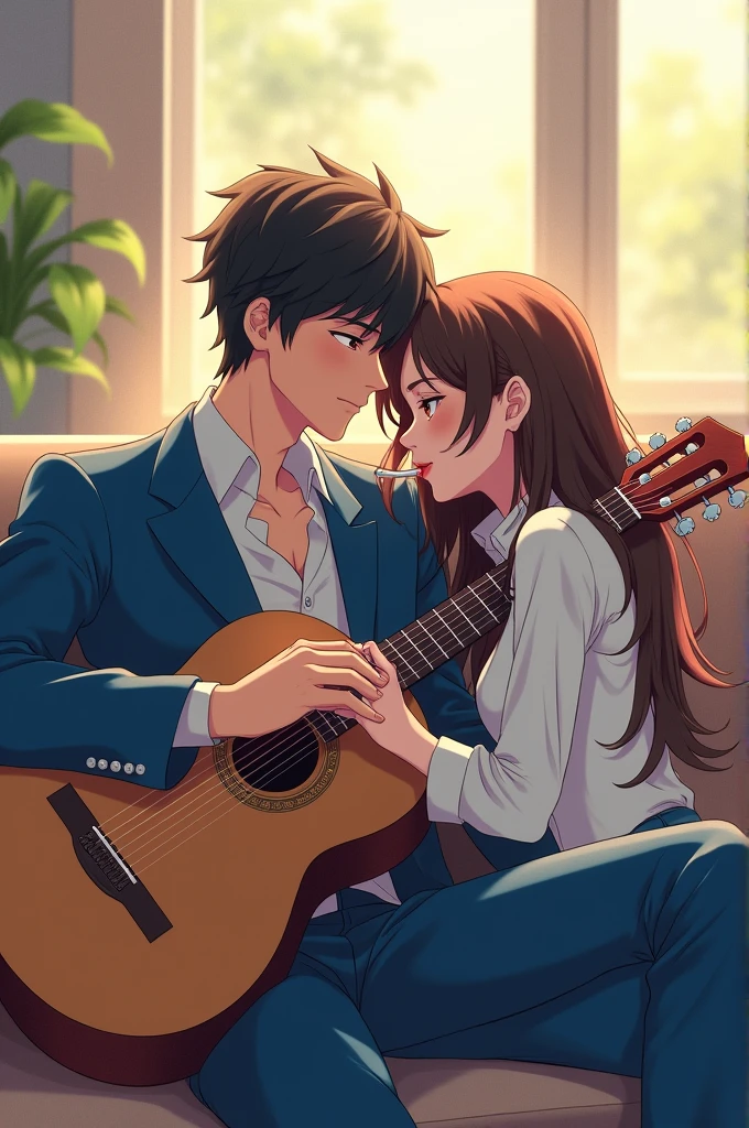 Anime image of a lover relaxing in the afternoon with his boyfriend while holding a Priangan guitar wearing a blue suit and smoking and the woman wearing a white shirt with long hair