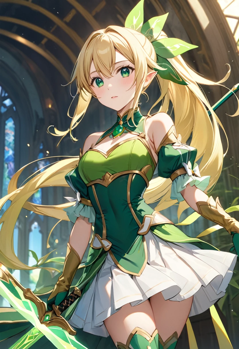 Highest quality、unity 8k wallpaper、32K、masterpiece、Very detailed、Ultra-high resolution、Very detailedな顔、RAW Photos、Professional、Ultra-fine painting、Magical Fairy Swordsman Leafa、Blonde long hair、White Hair Ribbon、Green Eyes、Green magical girl costume、Blonde ponytail、White Hair Ribbon、Yellow ribbon with a large emerald brooch、White pleated skirt with green lines、Green and yellow long gloves、Green thigh-high stiletto heel boots with gold molding、