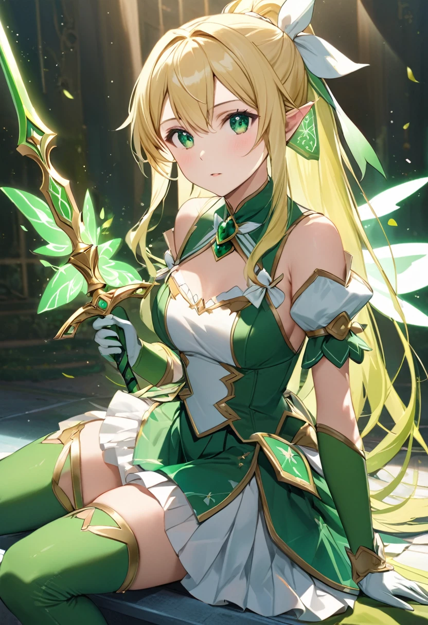 Highest quality、unity 8k wallpaper、32K、masterpiece、Very detailed、Ultra-high resolution、Very detailedな顔、RAW Photos、Professional、Ultra-fine painting、Magical Fairy Swordsman Leafa、Blonde long hair、White Hair Ribbon、Green Eyes、Green magical girl costume、Blonde ponytail、White Hair Ribbon、Yellow ribbon with a large emerald brooch、White pleated skirt with green lines、Green and yellow long gloves、Green thigh-high stiletto heel boots with gold molding、