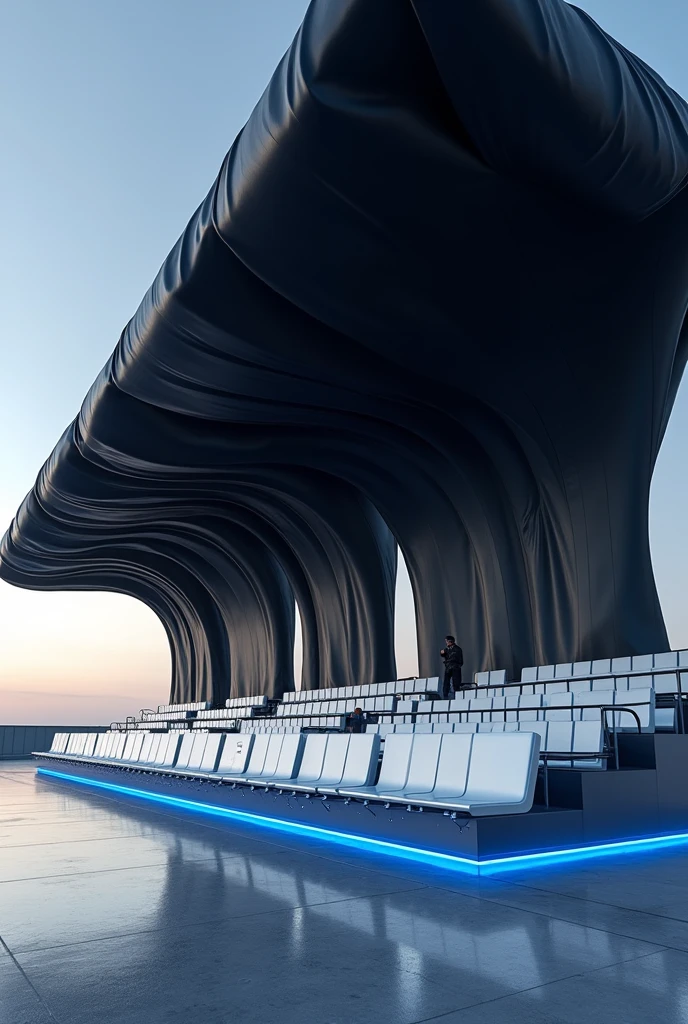 4 rows aluminium audience stadium bench without back post, one huge black fabric on top of it and decorated with blue LED strips.
