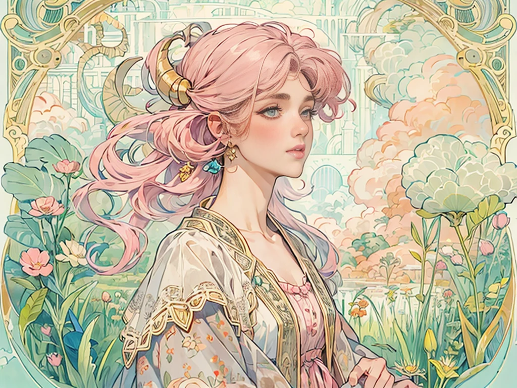 ((masterpiece)), (Highest quality), (Cinematic), Art Nouveau watercolor , Floral_background, Intricate designs and patterns in the style of Alphonse Mucha，\One Woman, Pink Hair, Long Hair, Cotton candy shaped hair, Fluffy hair, Thick eyebrows, Pink dress, Light blue cardigan, Standing in the grassland, Sheep next to\