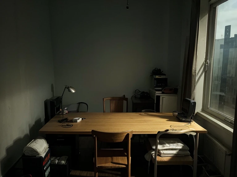An image of an empty, dimly lit room with a single chair and a desk, emphasizing a feeling of isolation and the pressure of responsibilities like rent and food expenses.