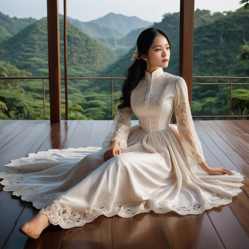 Indonesian woman with delicate features, long dark hair, and an effortless, natural beauty, wearing a high-collared Victorian dress with intricate lace details and a subtle floral pattern, sits relaxed on shiny wooden floors, her back slightly reclined against a plush, velvet pillow. She gazes serenely into the distance, taking in the breathtaking view of a lush valley and waterfall beyond the minimalist house's iron-railing-lined terrace. Soft, warm light infuses the scene, casting a gentle glow on the woman's face and the surrounding space, reminiscent of the works of French Impressionist painter, Berthe Morisot, with a touch of Southeast Asian elegance, as if plucked from the dreams of architect Tadao Ando and brought to life by the delicate brushstrokes of Indonesian artist, Arahmaiani.