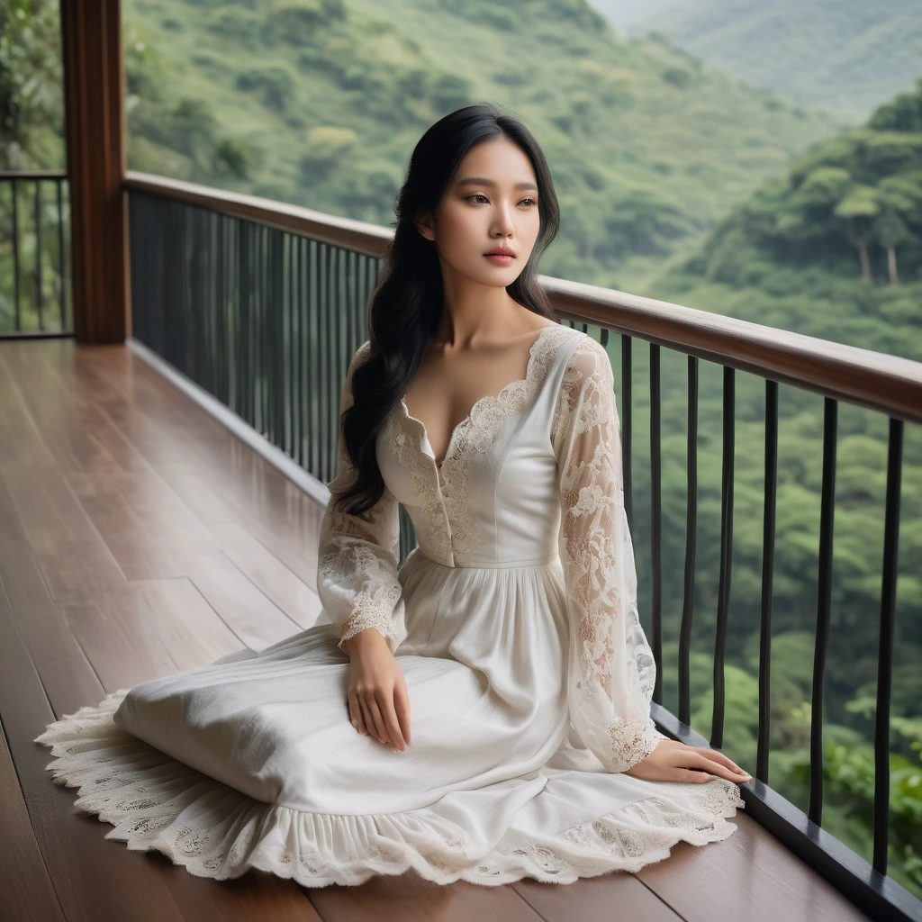 Indonesian woman with delicate features, long dark hair, and an effortless, natural beauty, wearing a high-collared Victorian dress with intricate lace details and a subtle floral pattern, sits relaxed on shiny wooden floors, her back slightly reclined against a plush, velvet pillow. She gazes serenely into the distance, taking in the breathtaking view of a lush valley and waterfall beyond the minimalist house's iron-railing-lined terrace. Soft, warm light infuses the scene, casting a gentle glow on the woman's face and the surrounding space, reminiscent of the works of French Impressionist painter, Berthe Morisot, with a touch of Southeast Asian elegance, as if plucked from the dreams of architect Tadao Ando and brought to life by the delicate brushstrokes of Indonesian artist, Arahmaiani.