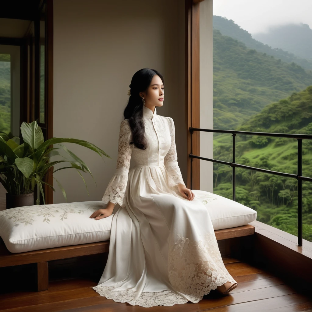 Indonesian woman with delicate features, long dark hair, and an effortless, natural beauty, wearing a high-collared Victorian dress with intricate lace details and a subtle floral pattern, sits relaxed on shiny wooden floors, her back slightly reclined against a plush, velvet pillow. She gazes serenely into the distance, taking in the breathtaking view of a lush valley and waterfall beyond the minimalist house's iron-railing-lined terrace. Soft, warm light infuses the scene, casting a gentle glow on the woman's face and the surrounding space, reminiscent of the works of French Impressionist painter, Berthe Morisot, with a touch of Southeast Asian elegance, as if plucked from the dreams of architect Tadao Ando and brought to life by the delicate brushstrokes of Indonesian artist, Arahmaiani.