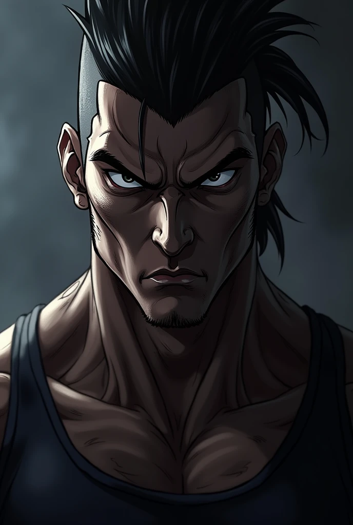 a muscular man,jojo's bizarre adventure,highly detailed face, intense glare, piercing eyes, sharply defined jawline, veiny muscular arms, menacing expression, dark outfit,dramatic lighting, cinematic composition, photorealistic, 8k, best quality, masterpiece