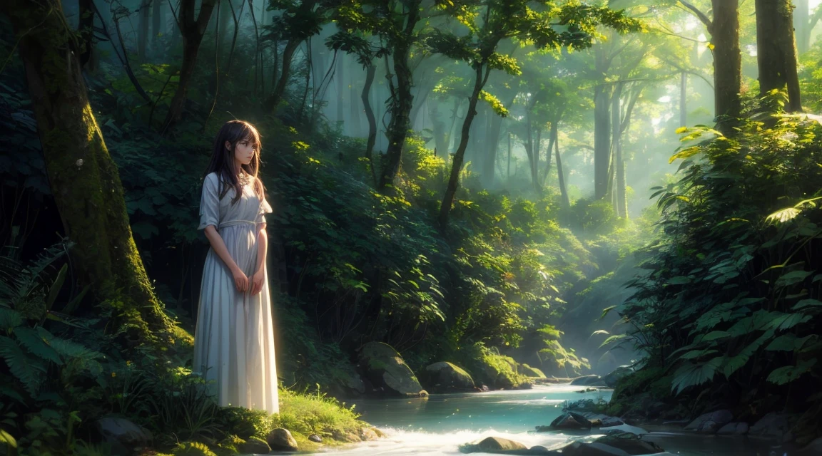 In the forest where the river flows、Girl in a white dress、Going deeper into the forest A girl enters the forest、wood々The light filtering through the leaves and the swaying leaves create an impressive scene.。She looks around curiously。Makoto Shinkai style
