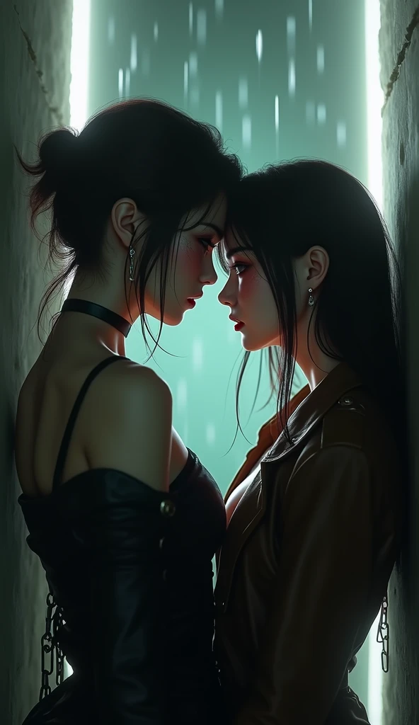 (32K:1.9, Horror expression:1.9, Highest quality, masterpiece, Ultra-high resolution), Perfect dynamic composition, Highly detailed skin and facial textures:1.3, Detailed eyes, Detailed limbs, (The Darkest Dungeon:1.3), Light brown leather clothing:1.6, Cute sexy slim Japanese woman:1.2, Fair skin, Tilt your head, (5 Zombies:1.8, Crazy behavior:1.7, Zombie touching a woman:1.9, Raindrops falling from the ceiling:1.5), (Her big breasts are about to burst., areola is not visible, Big cleavage), (A look of despair:1.3, Expression of despair:1.3, Totally captivates you), Beautiful Blue Eyes, Beautiful erotic eyes, Sexy Face, blush, Beautiful sensual atmosphere, Professional random camera work, ((Bloody:1.9, Covered in scars:1.9, Bruises on the face:1.9, Covered in bruises:1.9, Lots of big chains:1.8, Countless chains tangled in clothes:1.8, Chain your right arm:1.8, Chain the left arm:1.8, The right leg is bound with a shackle and chain:1.8, The left leg is bound with a shackle and chain:1.8)), ((Endless chains invade:1.8)), (Too erotic)