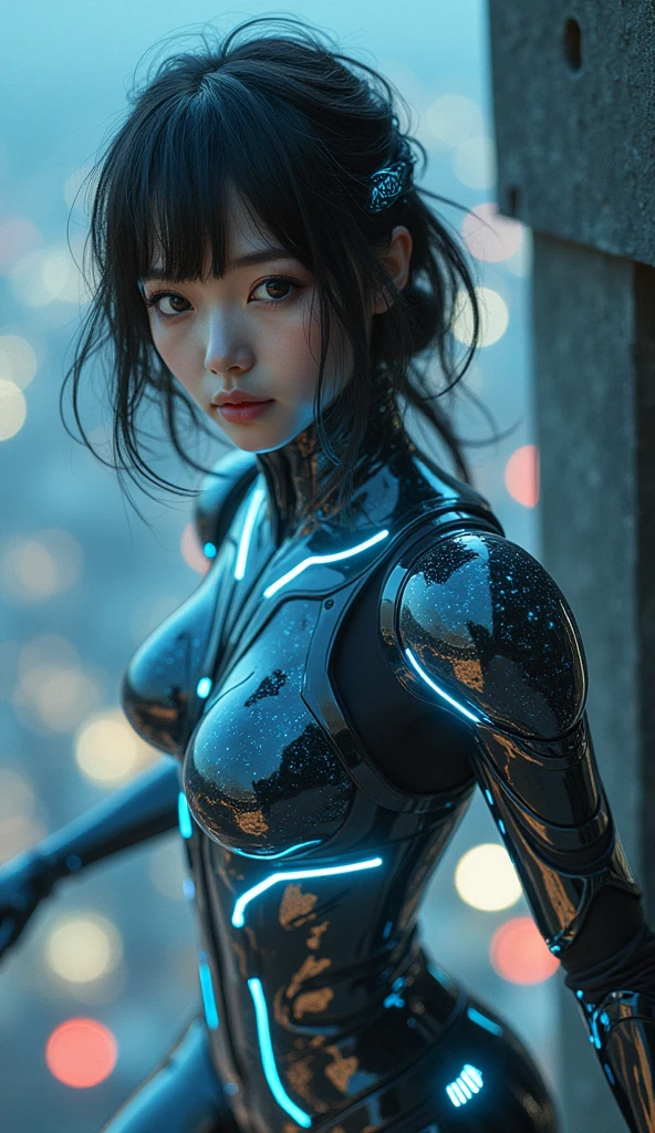 photo-realistic, ultra-realistic, very beautiful Japanese futuristic soldier, famous Japanese idol, dramatic scene, masterpiece, beautiful eyes, wearing a roller skate shoes, standing on the dangerous edge of the top of the tallest tower at night, (cyber punk glossy intricated mecha armor suits with brilliant LED markers), acrobatic pose, dynamic angle, (face focus),